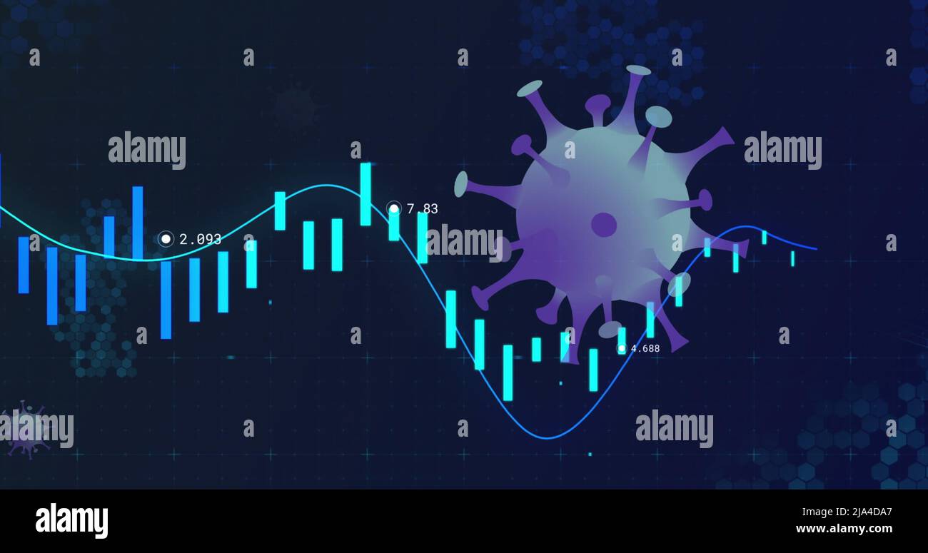 Image of virus cells floating over data processing Stock Photo