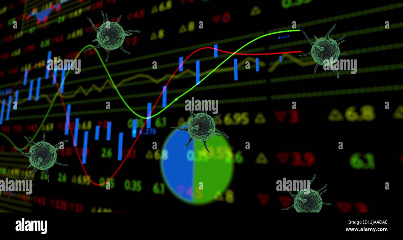 Image of virus cells floating over data processing Stock Photo