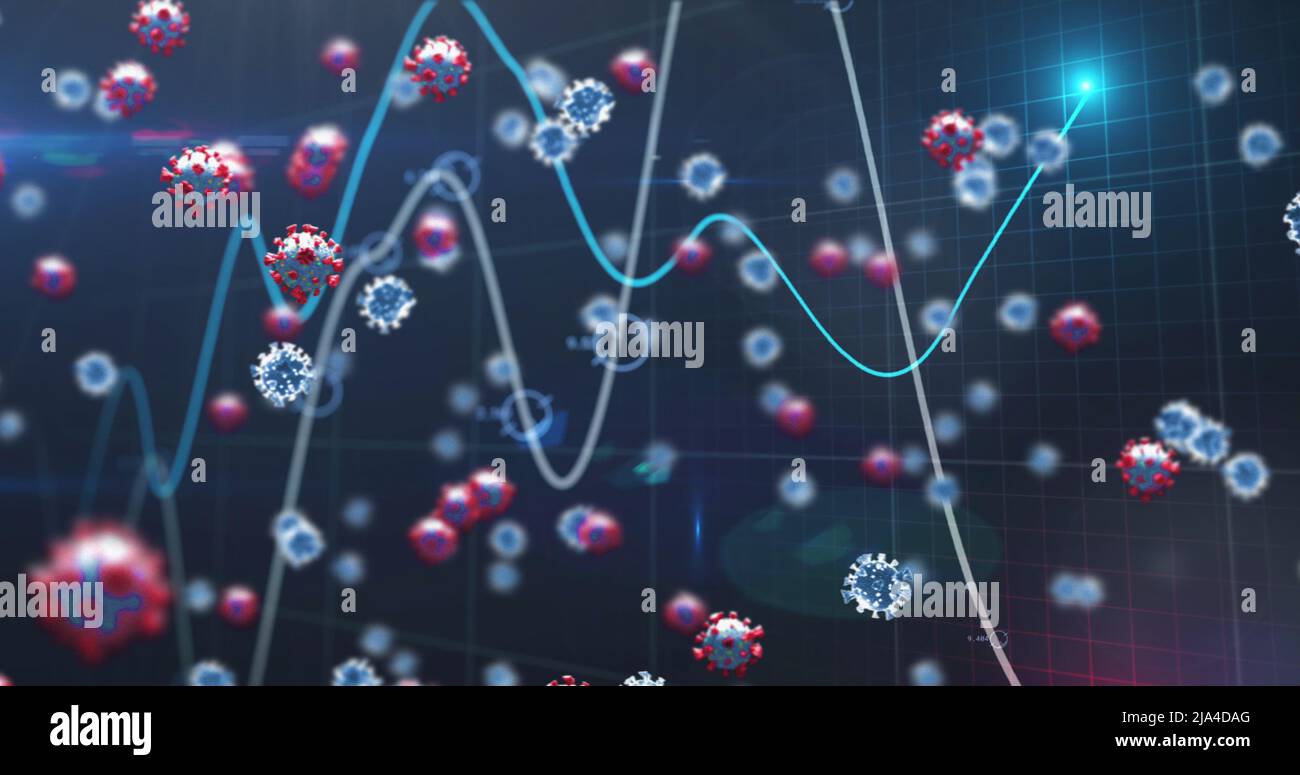 Image of virus cells floating over data processing Stock Photo