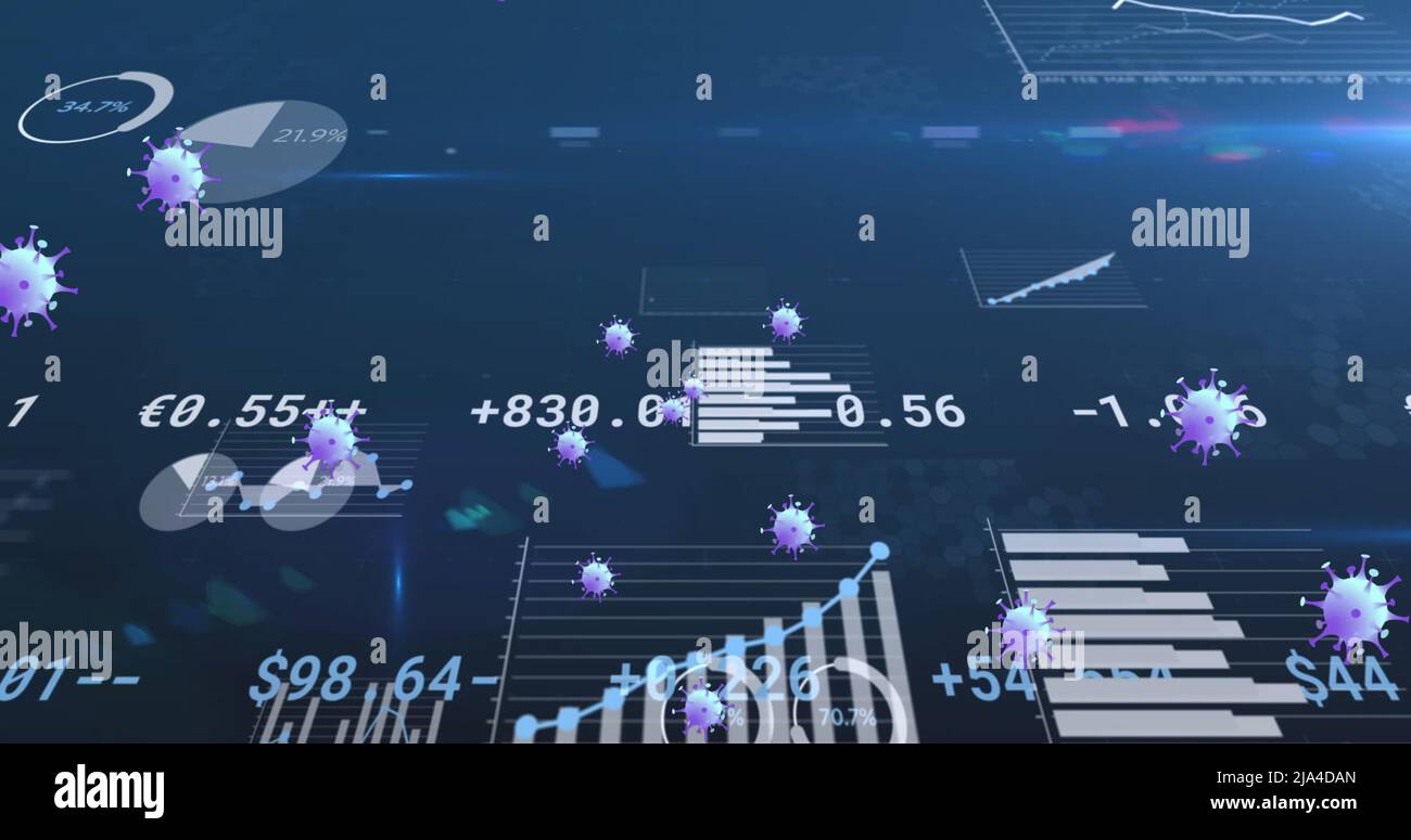 Image of virus cells floating over data processing Stock Photo