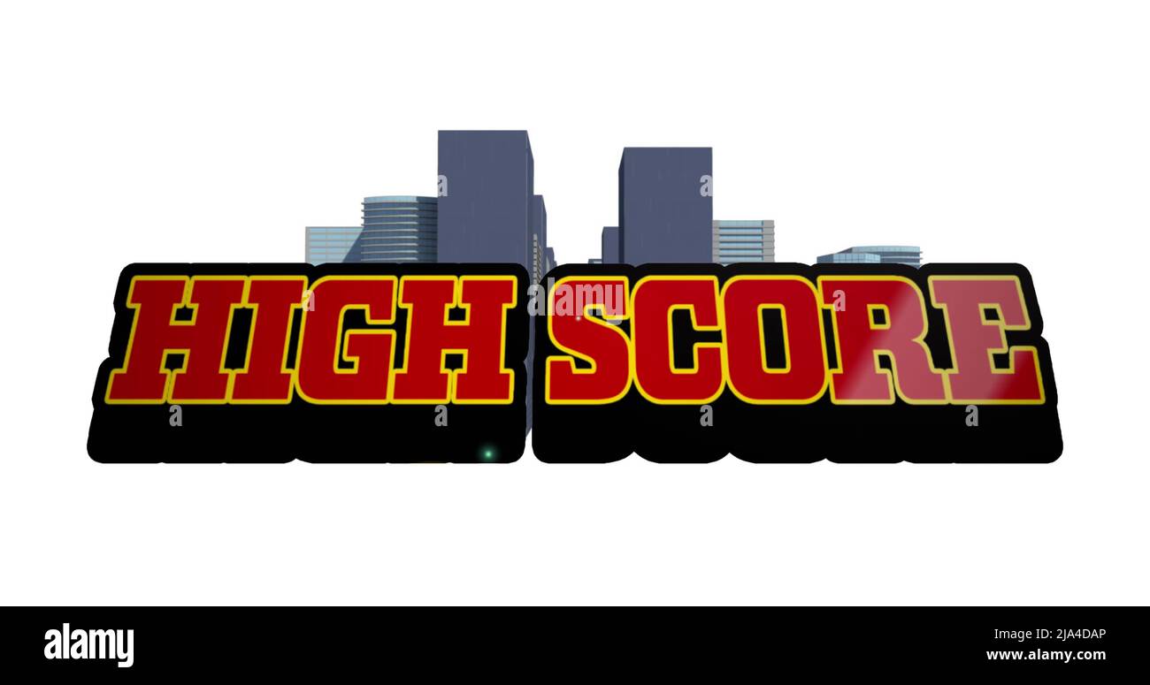Image of high score text in red letters over cityscape background Stock Photo