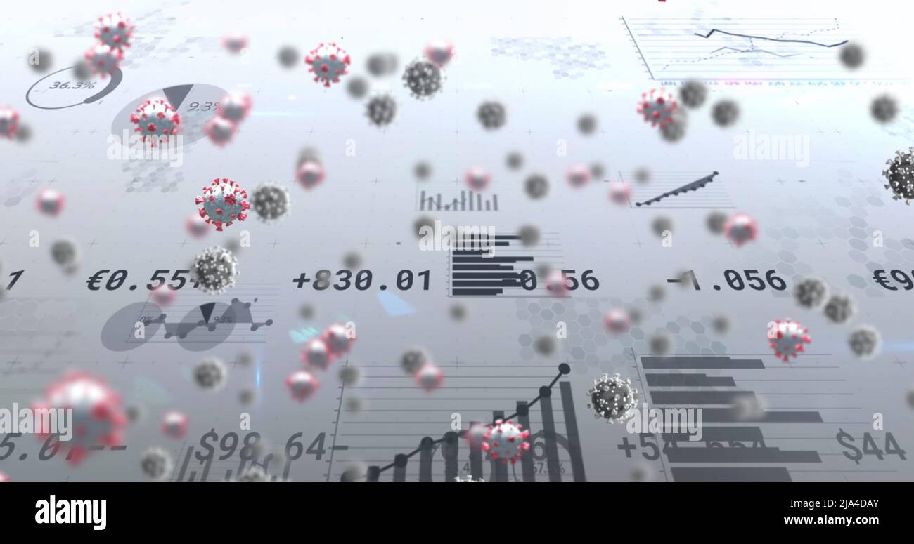 Image of virus cells floating over data processing Stock Photo