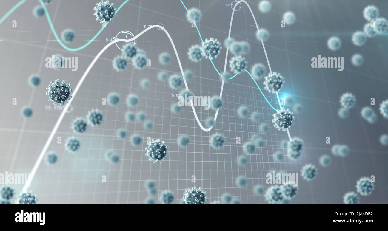 Image of virus cells floating over data processing Stock Photo
