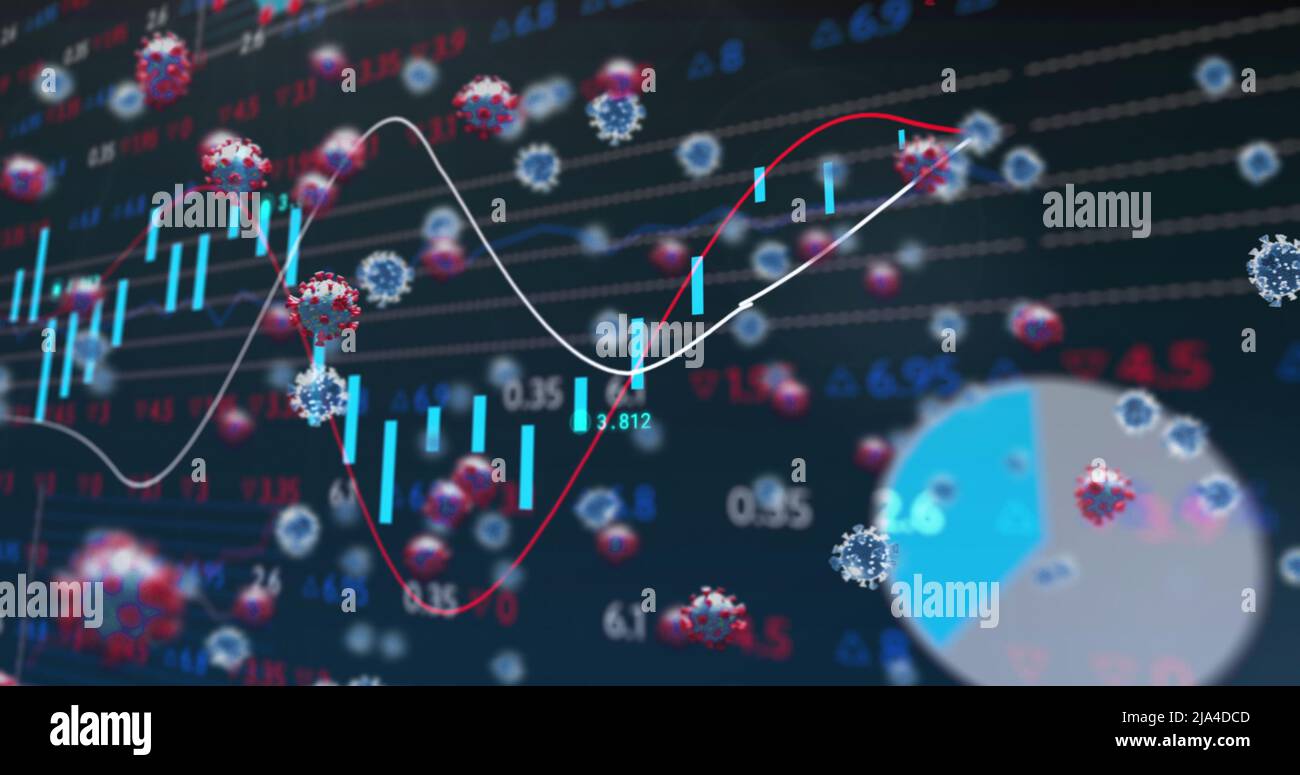 Image of virus cells floating over data processing Stock Photo