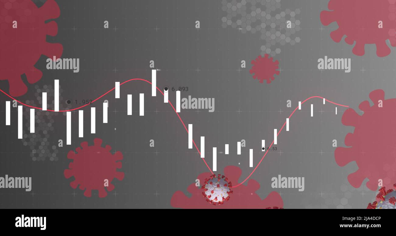 Image of virus cells floating over data processing Stock Photo