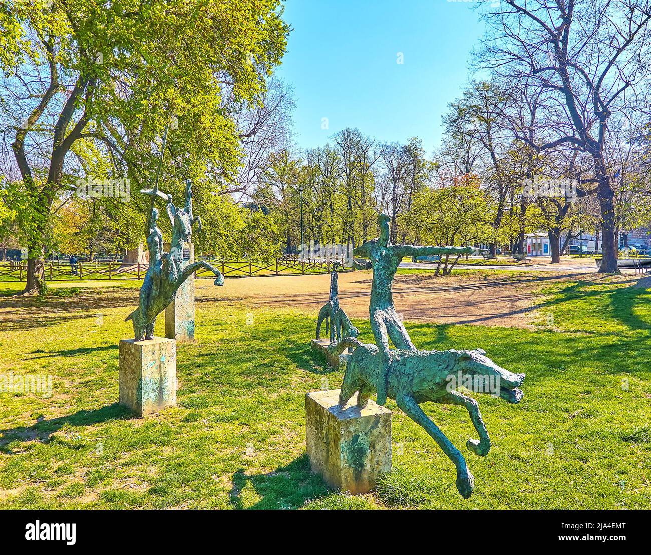 MILAN, ITALY - APRIL 5, 2022: The sculpture group of Four Horsemen of apocalypse by Harry-Pierre Rosenthal in Public Park of Indro Montanelli, on Apri Stock Photo