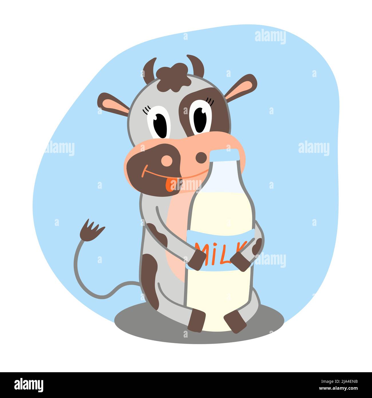 World Milk Day. June 1st. Cute cow with a bottle of milk. Logo, label, badge or design. Vector Stock Vector