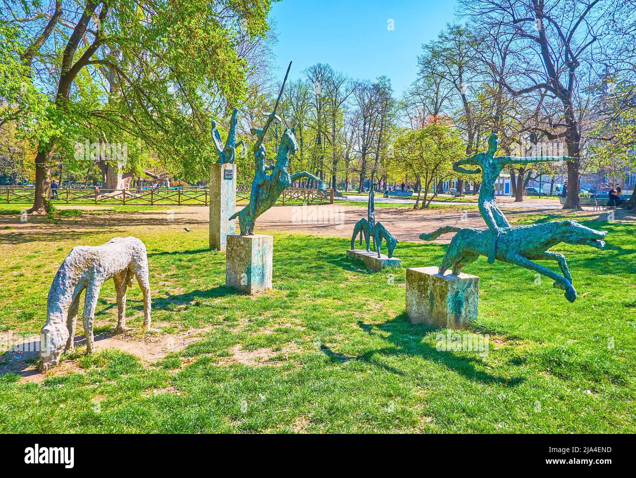MILAN, ITALY - APRIL 5, 2022: The modern bronze sculptures of Four Horsemen of the Apocalypse in Public park of Indro Montanelli, on April 5 in Milan, Stock Photo