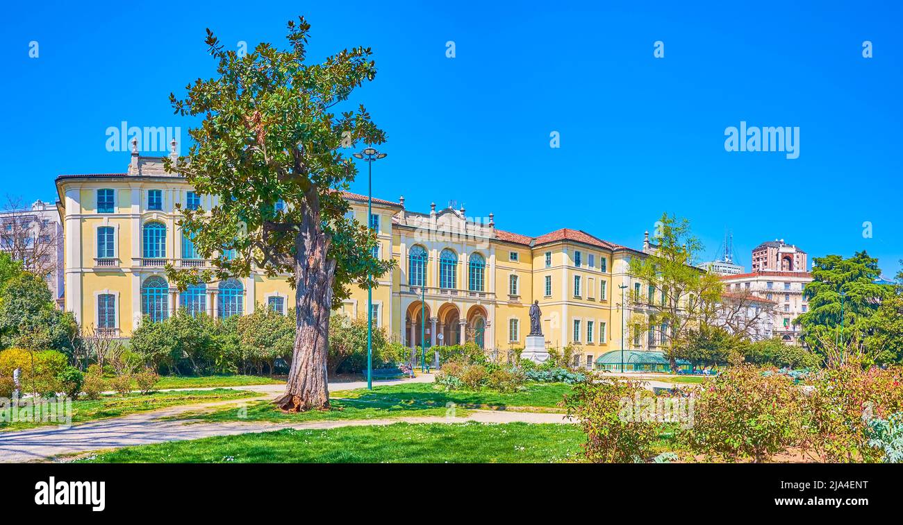 The beautiful historic Palazzo Dugnani in Montanelli Public Gardens of Milan city, Italy Stock Photo