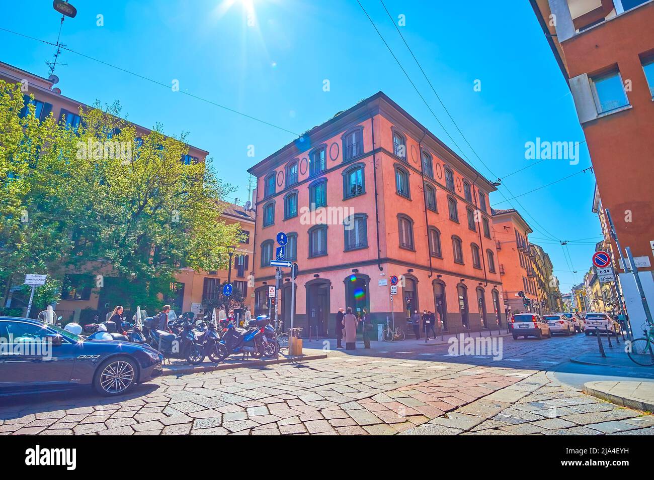 MILAN, ITALY - APRIL 5, 2022: The historical Brera district with beautiful buildings and numerous restaurants, on April 5 in Milan, Italy Stock Photo