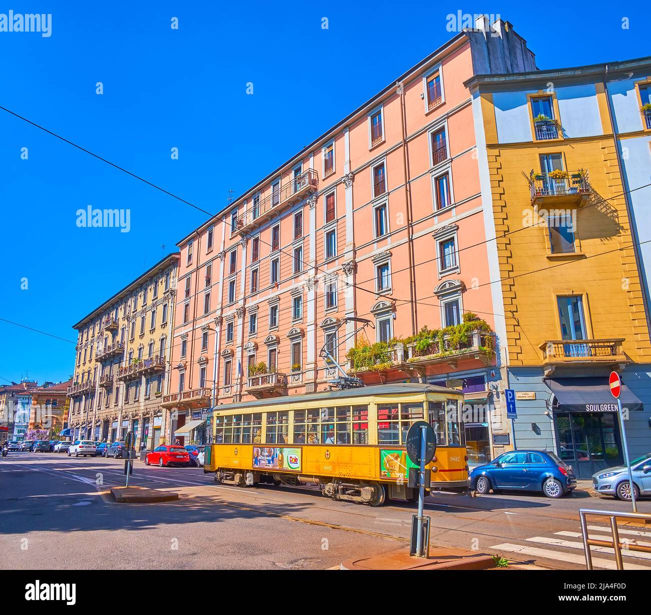 MILAN, ITALY - APRIL 5, 2022: The retro styled tram on Vialle Monte Grappa in Porta Nuova district, on April 5 in Milan, Italy Stock Photo