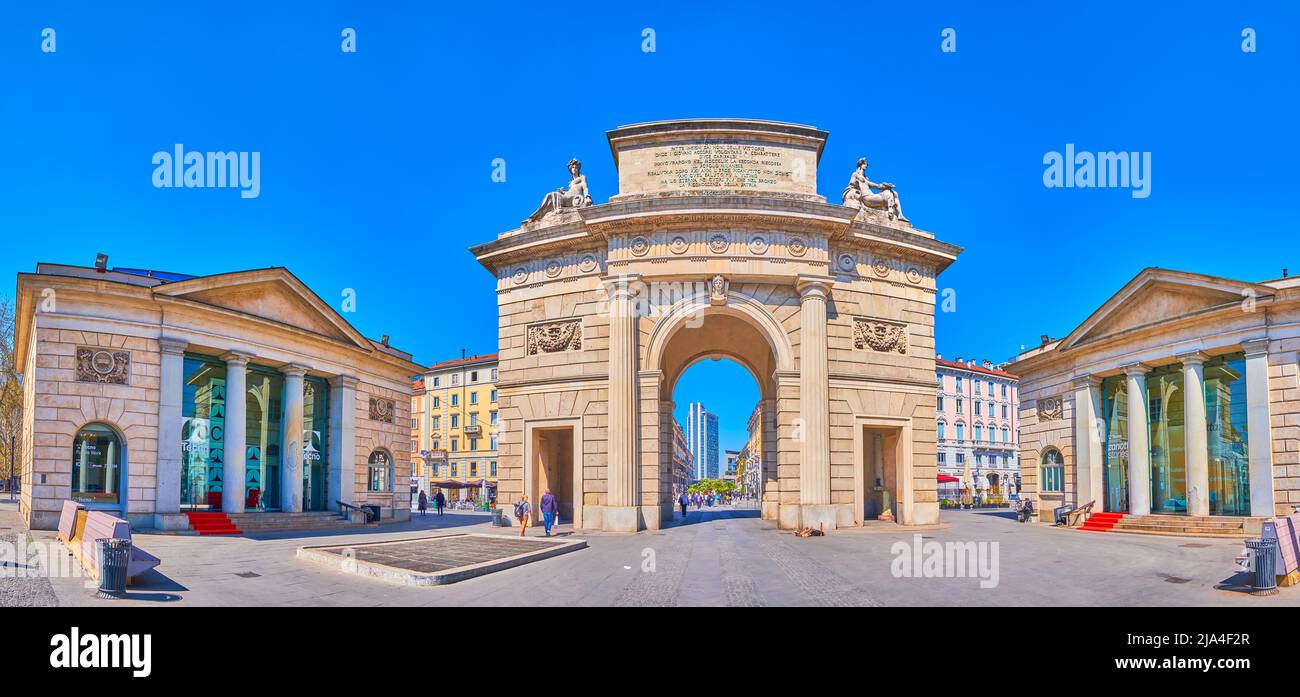 MILAN, ITALY - APRIL 5, 2022: Panorama of Porta Garibaldi and Cosro Como street, on April 5 in Milan, Italy Stock Photo
