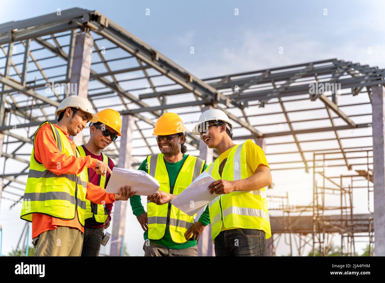 4 Workers in Construction Site, Happy of Engineer technician and