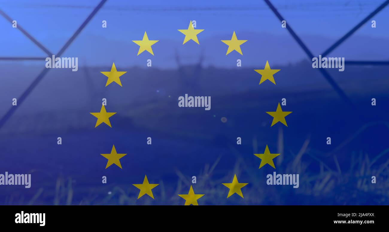 Image of flag of eu over pylons Stock Photo