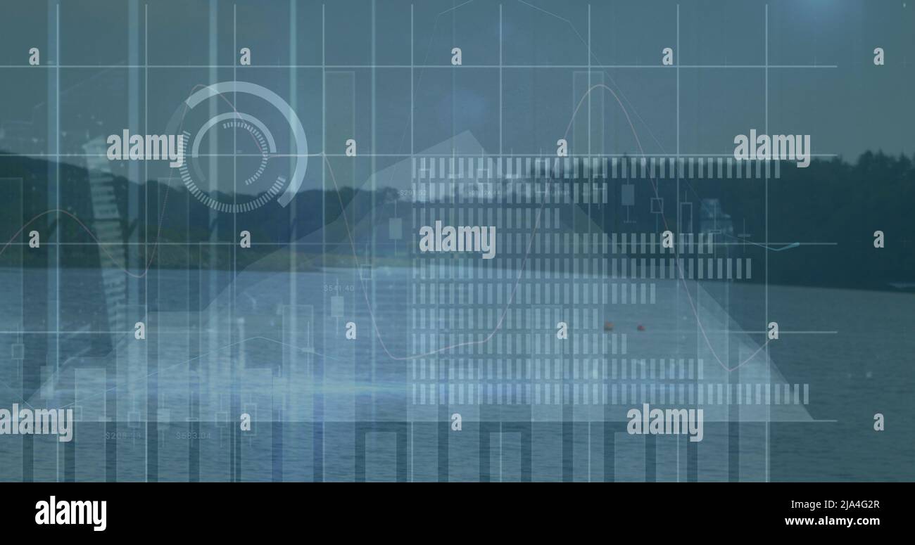 Image of graphs and data processing over landscape with lake Stock Photo