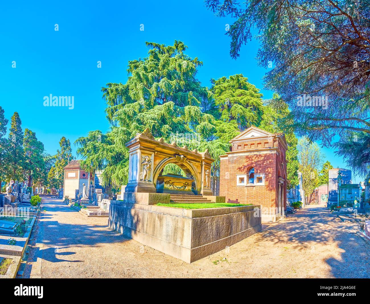 Funeral tombs and mausoleums of Milanese noble families in Memorial Cemetery, Italy Stock Photo