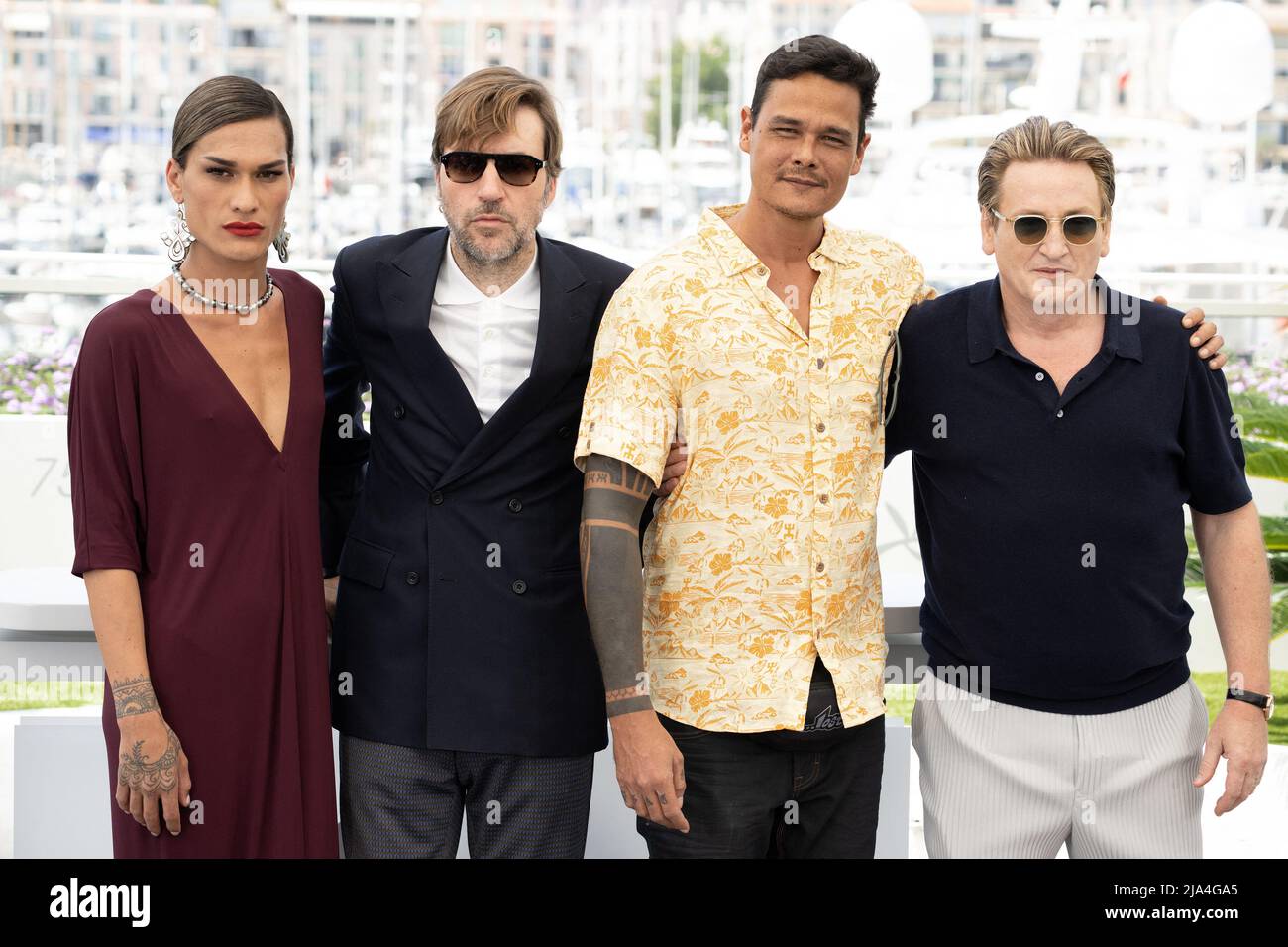 Cannes, France. May 27, 2022, Pahoa Mahagafanau, Albert Serra, Matahi Pambrun and Benoît Magimel attend the photocall for Pacification during the 75th annual Cannes film festival at Palais des Festivals on May 27, 2022 in Cannes, France. Photo by David Niviere/ABACAPRESS.COM Stock Photo