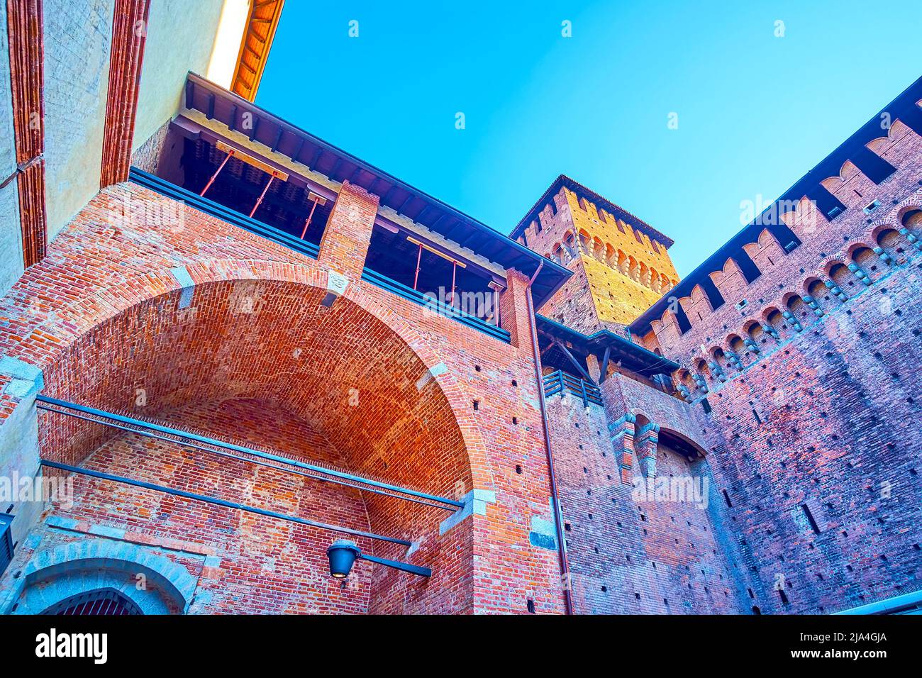 The brick medieval inner gates and Bona di Savoia tower of Sforza's Castle, Milan, Italy Stock Photo