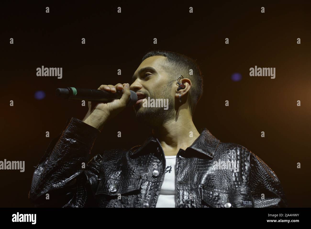 Padua, Italy, 25/05/2022, Alessandro Mahmoud, known professionally as Mahmood, is an Italian singer-songwriter. He rose to prominence after competing on the sixth season of the Italian version of The X Factor. He has won the Sanremo Music Festival twice, in 2019 with the song 'Soldi' and in 2022 alongside Blanco with the song 'Brividi'. His Sanremo victories allowed him to represent Italy at the Eurovision Song Contest in those respective years, finishing in second place in 2019 and in sixth place in 2022 as the host entrant.[1][2][3] Mahmood has released two studio albums, Gioventù bruciata a Stock Photo