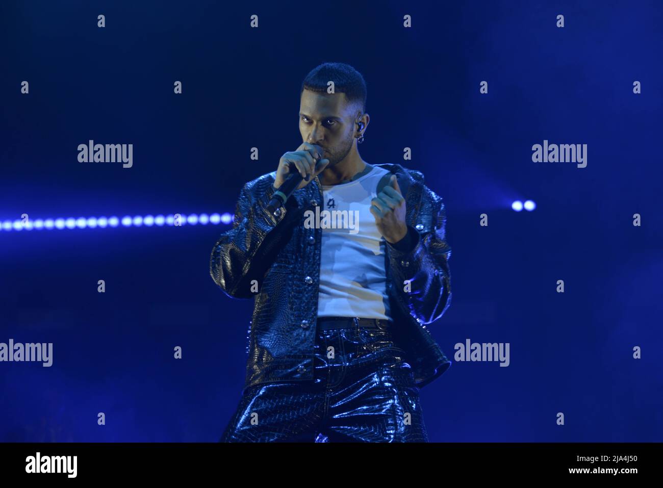 Padua, Italy, 25/05/2022, Alessandro Mahmoud, known professionally as Mahmood, is an Italian singer-songwriter. He rose to prominence after competing on the sixth season of the Italian version of The X Factor. He has won the Sanremo Music Festival twice, in 2019 with the song "Soldi" and in 2022 alongside Blanco with the song "Brividi". His Sanremo victories allowed him to represent Italy at the Eurovision Song Contest in those respective years, finishing in second place in 2019 and in sixth place in 2022 as the host entrant.[1][2][3] Mahmood has released two studio albums, Gioventù bruciata a Stock Photo