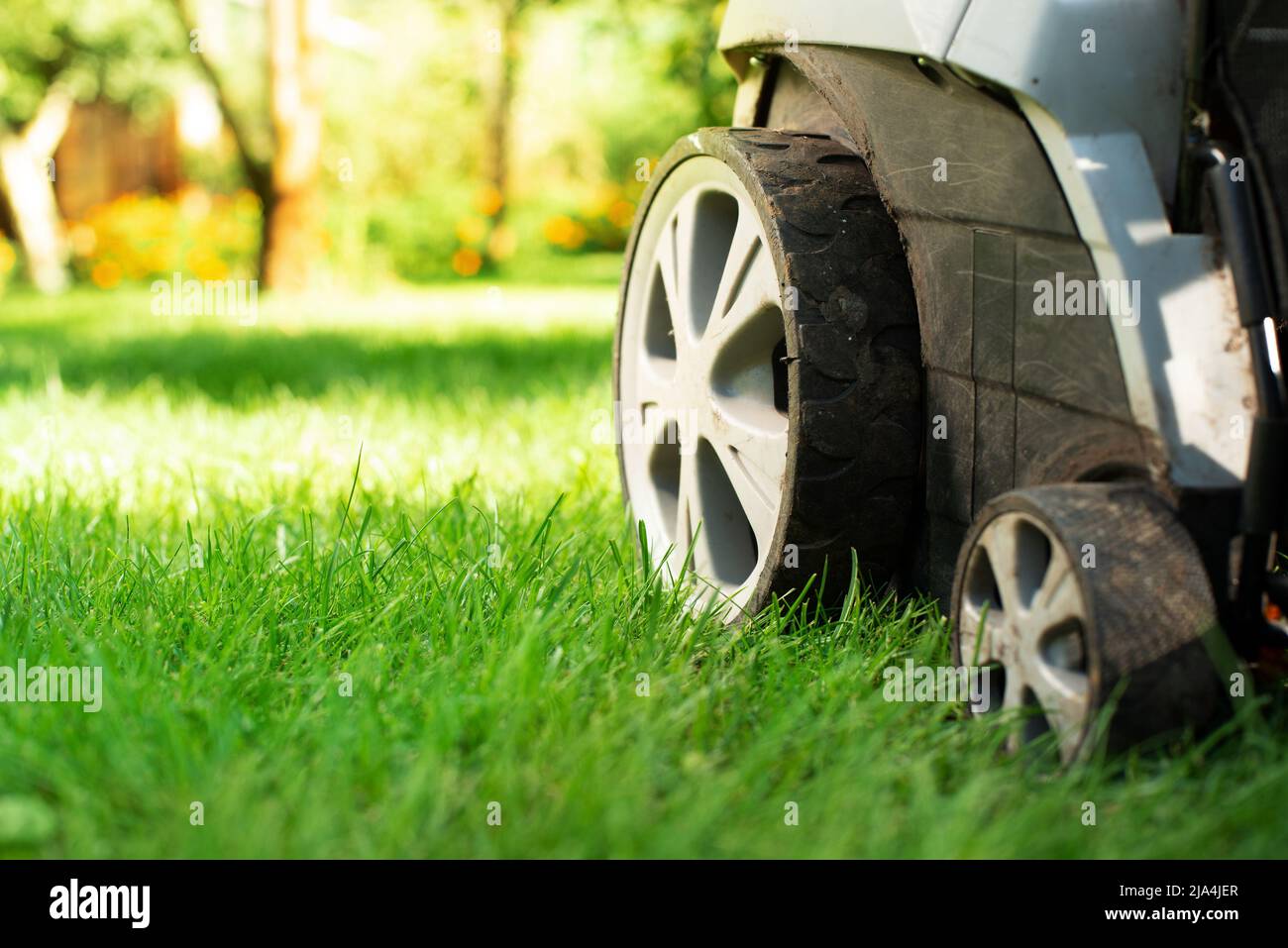 Lawn mower on grass closeup view. Lawn care concept Stock Photo