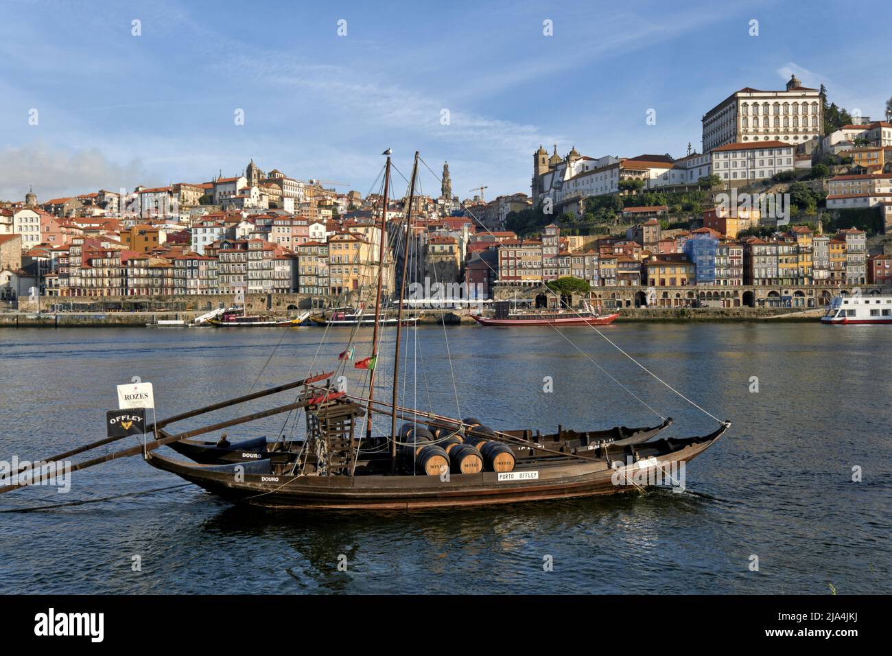 Beautiful view of Douro River with the traditional Rabelo wine boats in Porto, Portugal Stock Photo