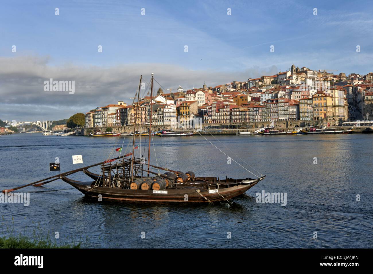 Beautiful view of Douro River with the traditional Rabelo wine boats in Porto, Portugal Stock Photo