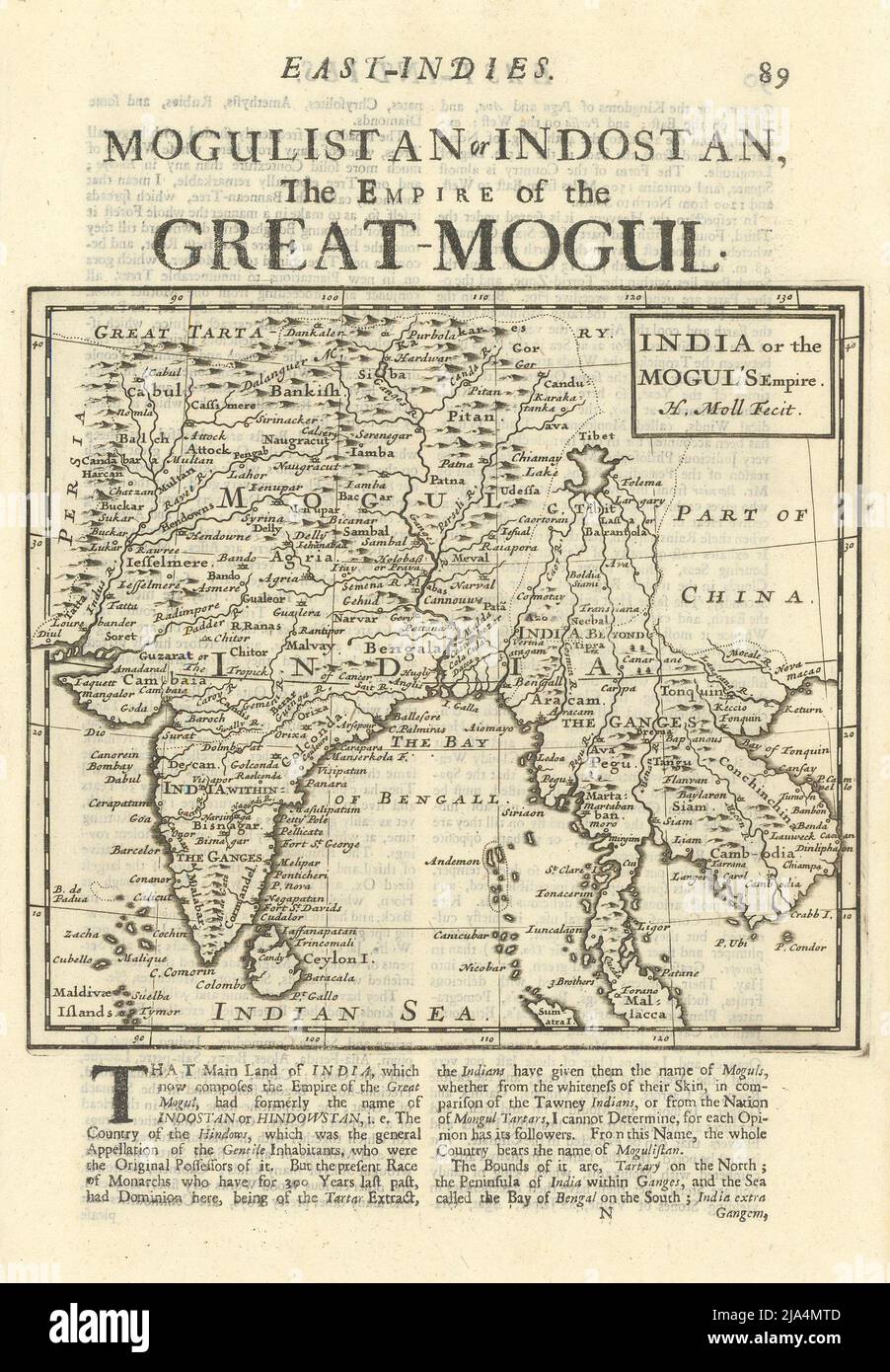 India or the Mogul's Empire. South Asia Indochina Mughal Empire. MOLL 1709 map Stock Photo
