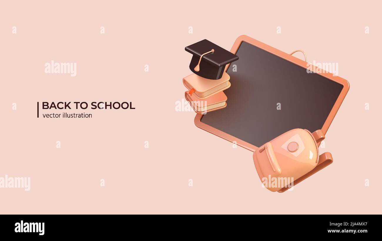 Back to school. Realistic 3d design of school supplies in cartoon minimal style. Chalk board, academic cap, books and backpack. Vector illustration Stock Vector