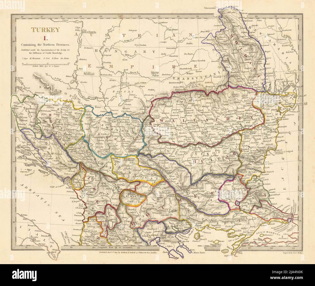 BALKANS. Northern Ottoman provinces. Wallachia Bulgaria Albania. SDUK 1844 map Stock Photo