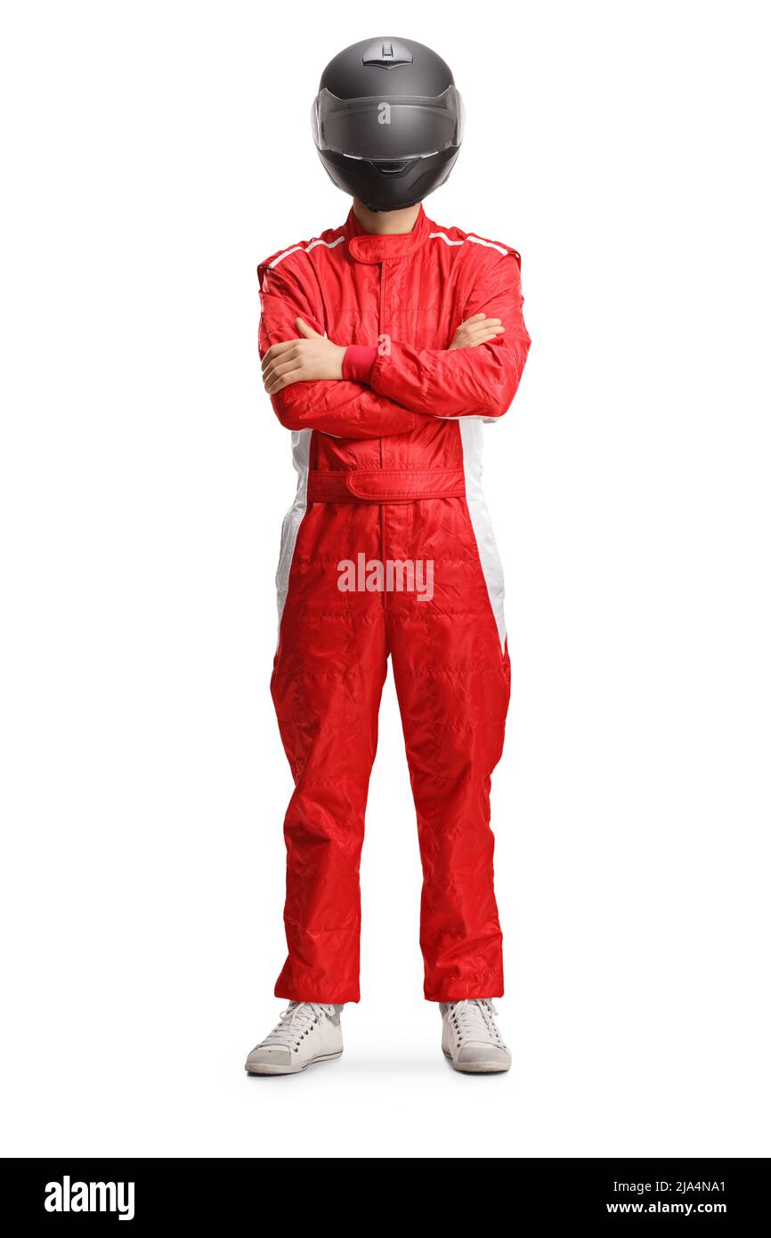 Full length portrait of a motorsport racer in a red suit and black helmet isolated on white background Stock Photo