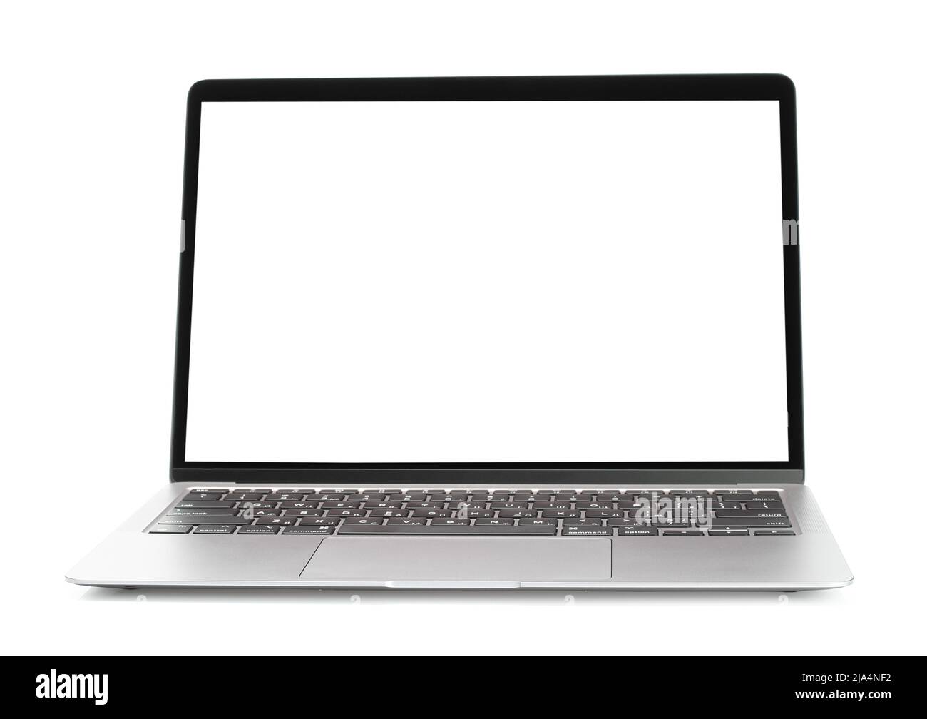 Laptop with blank screen on white background close-up Stock Photo