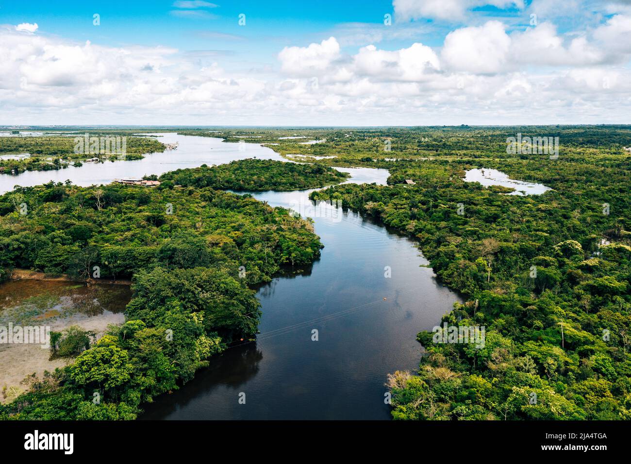 Amazon River Aerial View. Tropical Green Rainforest in Peru, South America. Bird's-eye view. Stock Photo