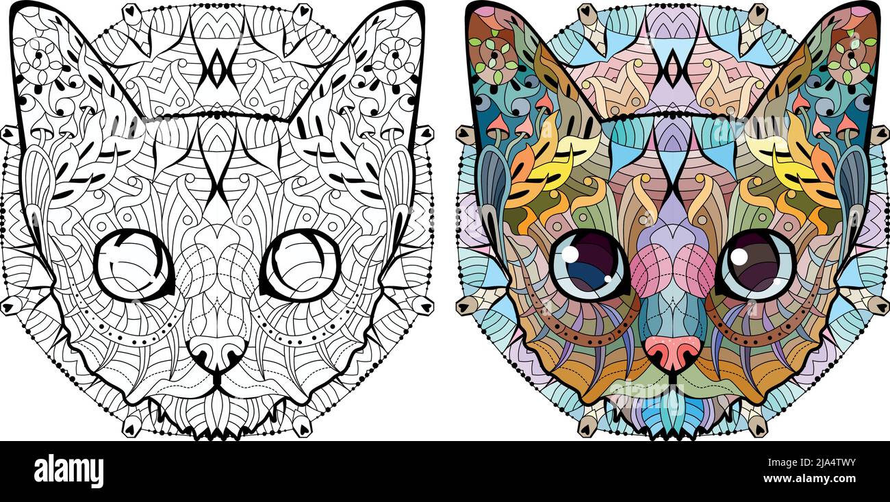 Head of cat zentangle styled with clean lines for coloring book for anti stress, t-shirt design, tattoo and other decorations. Color and outline set. Stock Vector