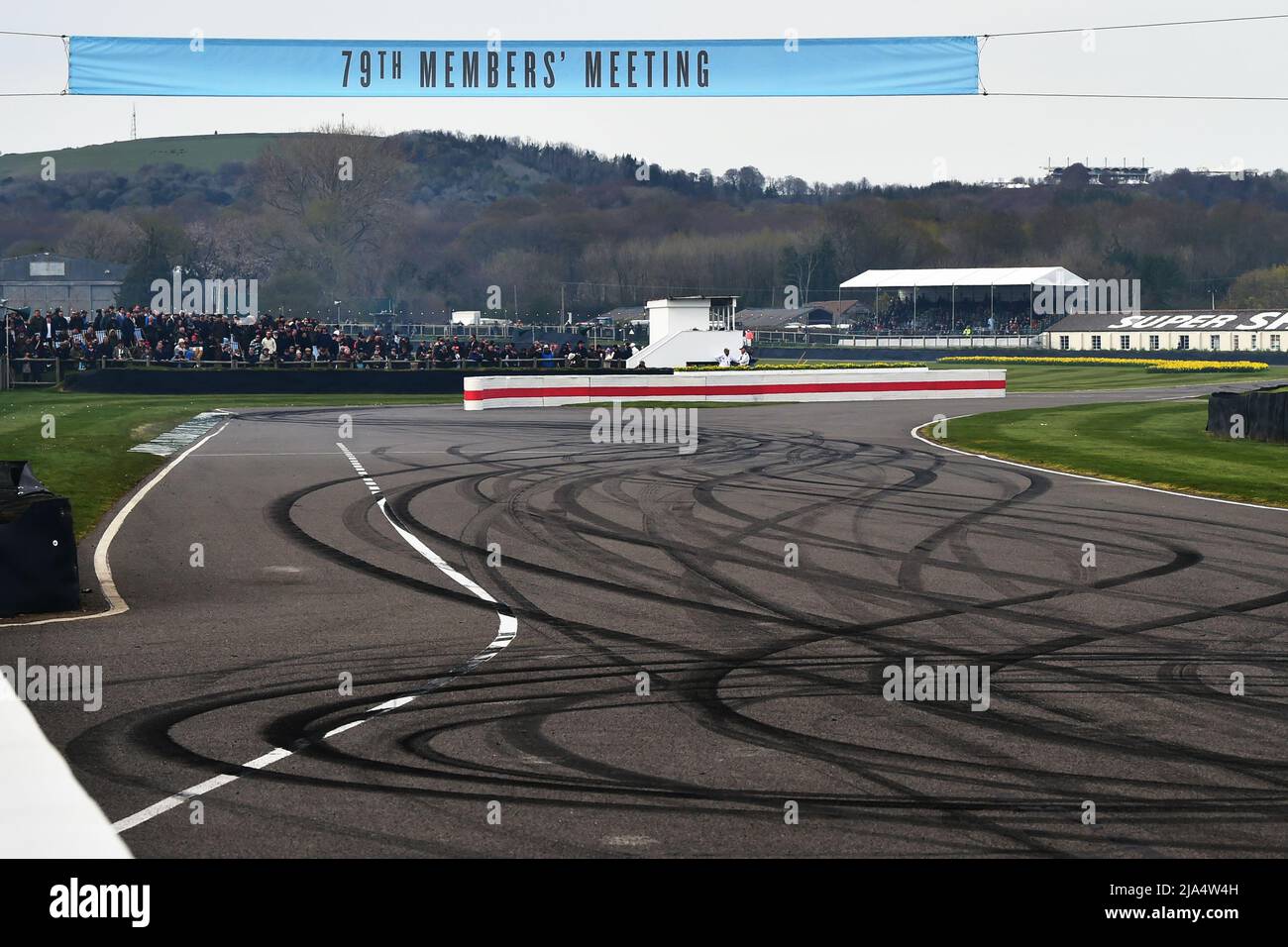 Tyre tracks, the aftermath, Drift demonstration, Goodwood 79th Members Meeting, Goodwood Motor Circuit, Chichester, West Sussex, England, April 2022. Stock Photo