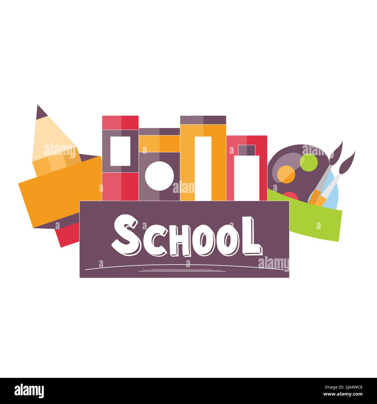 School logo design. Vector illustration of national education day, books, pencil and paint brush icons Stock Vector