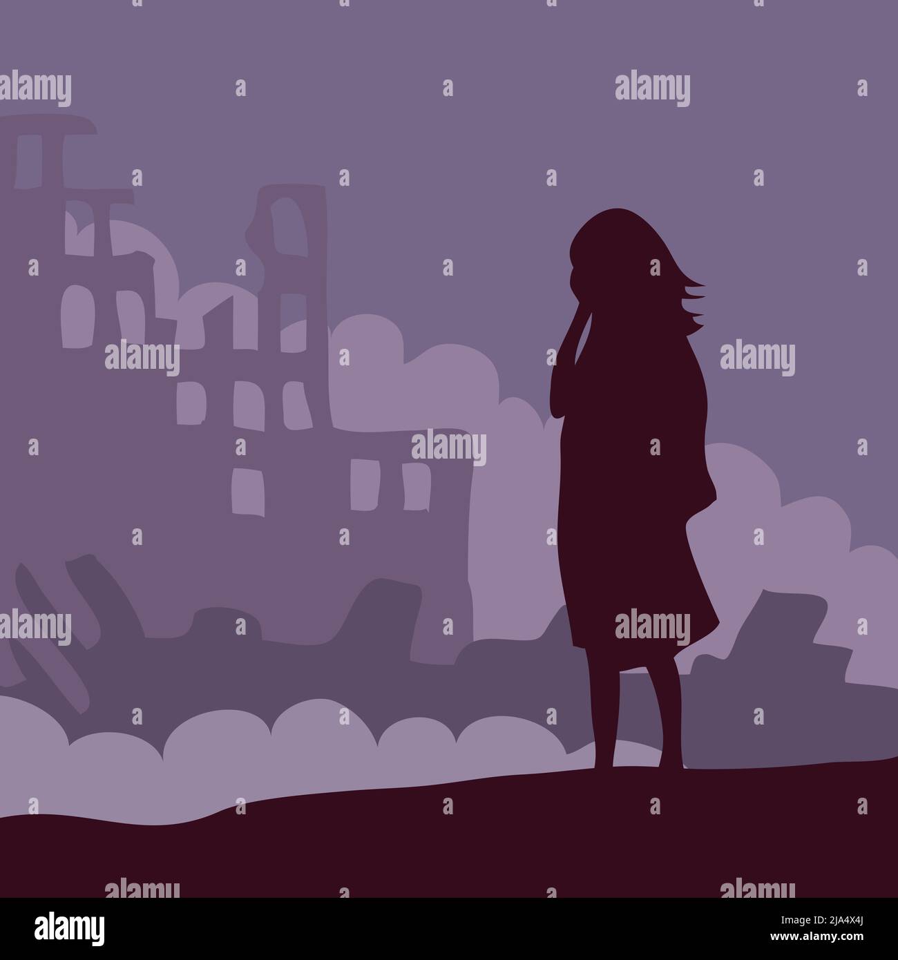 A girl is crying in front of a ruined city. The terrible consequences of war, earthquake and natural disaster. Panorama landscape with destroyed build Stock Vector