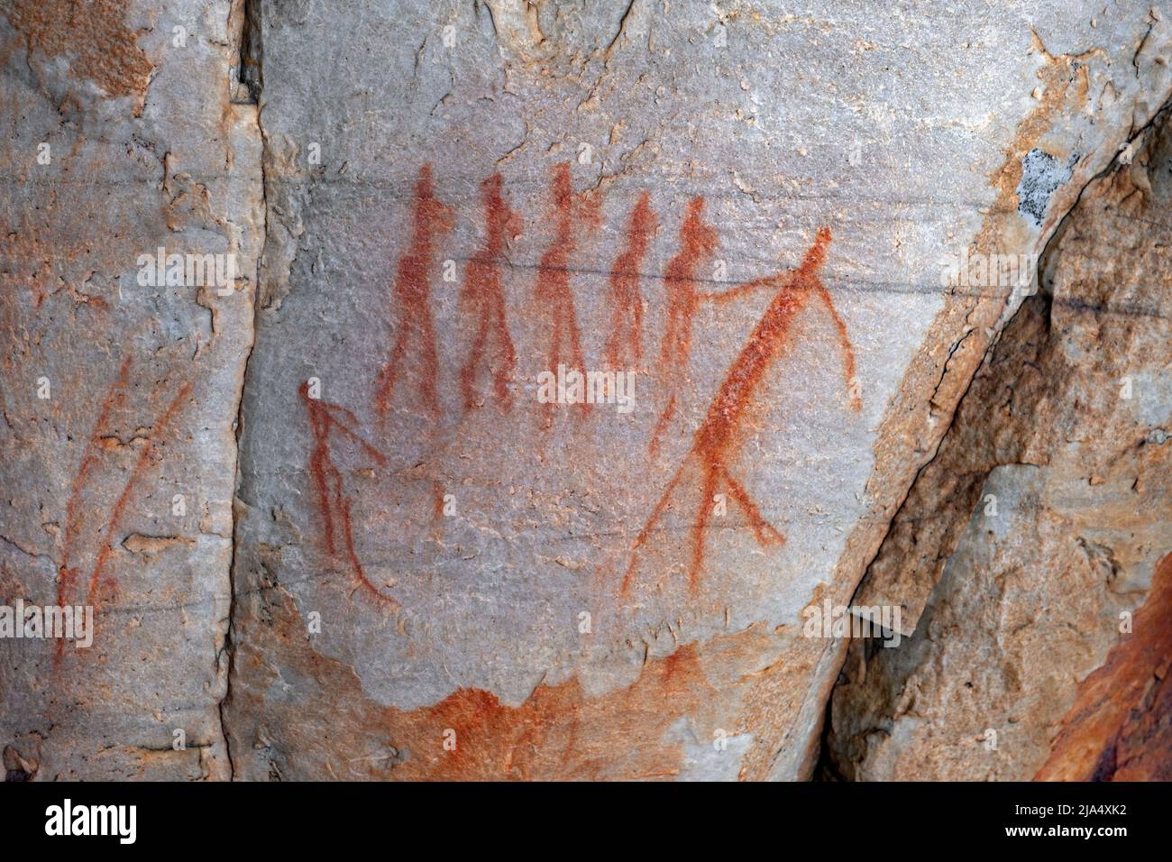 San rock art Bushmen painting at Truitjieskraal in the Matjiesrivier Nature Reserve east of the Cederberg Wilderness, Western Cape, South Africa Stock Photo