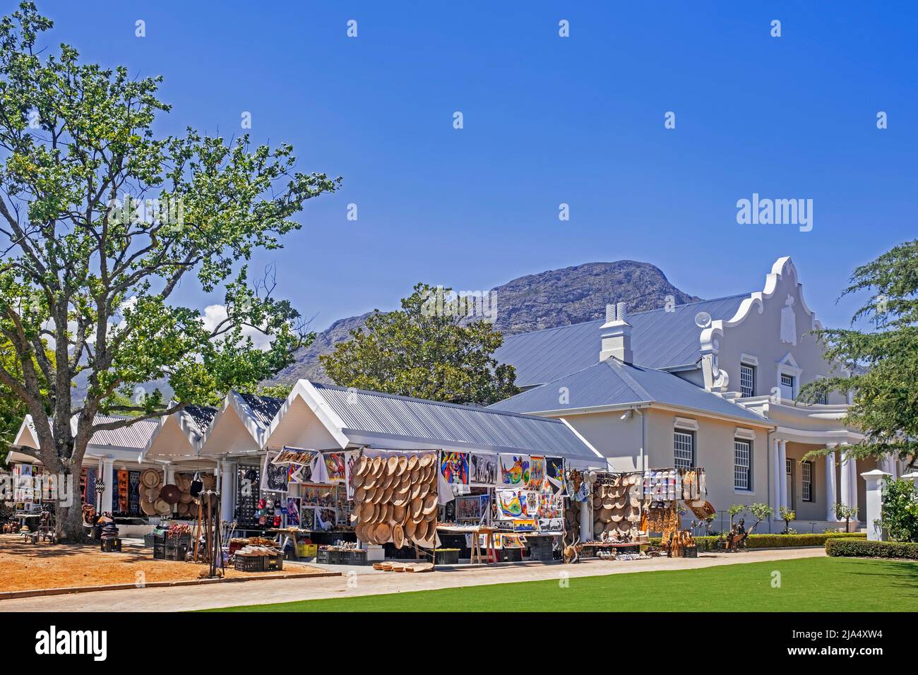 Souvenir stands at the Village Market in the town Franschhoek, Stellenbosch, Cape Winelands, Western Cape Province, South Africa Stock Photo