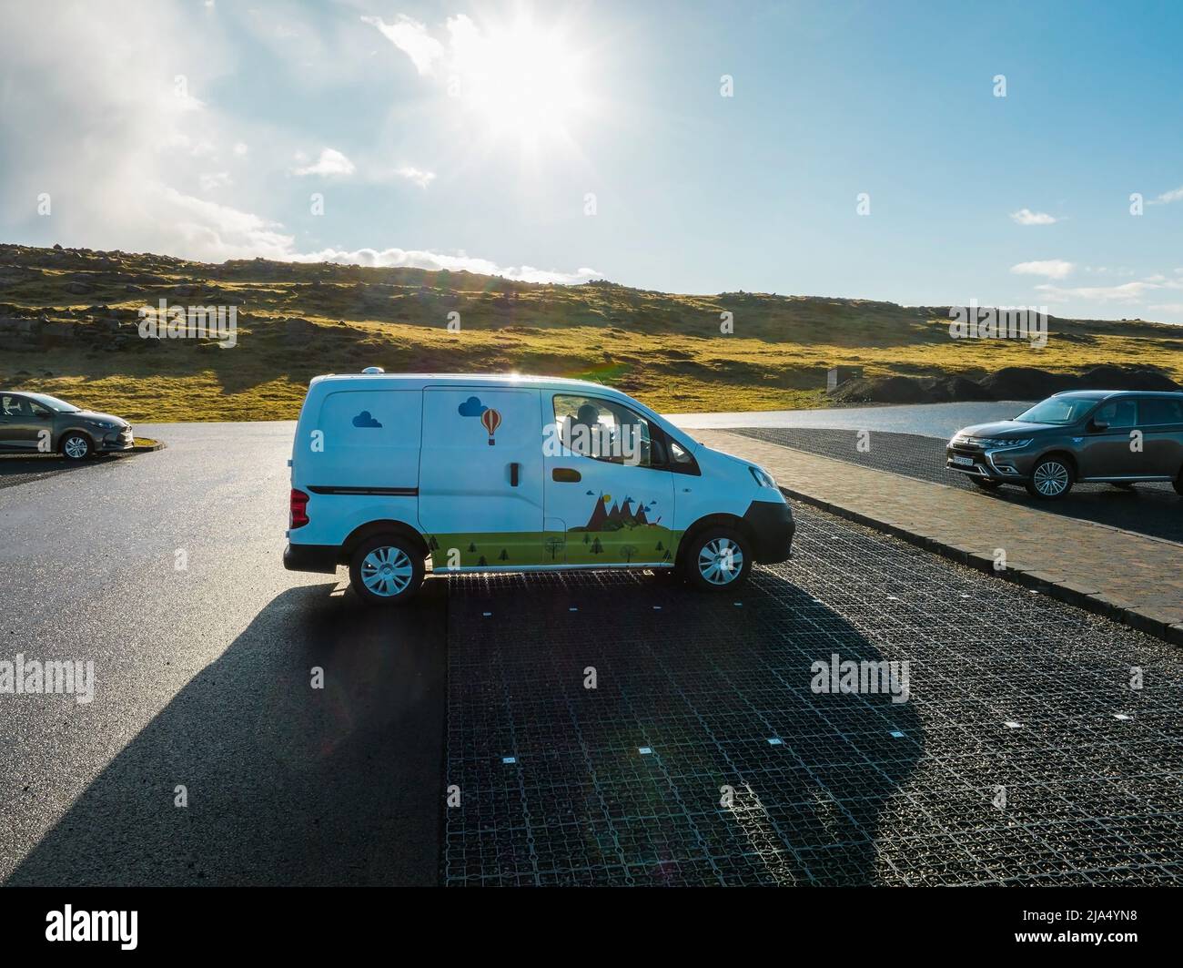 Camper van in Iceland parked by the side of the road in a beautiful