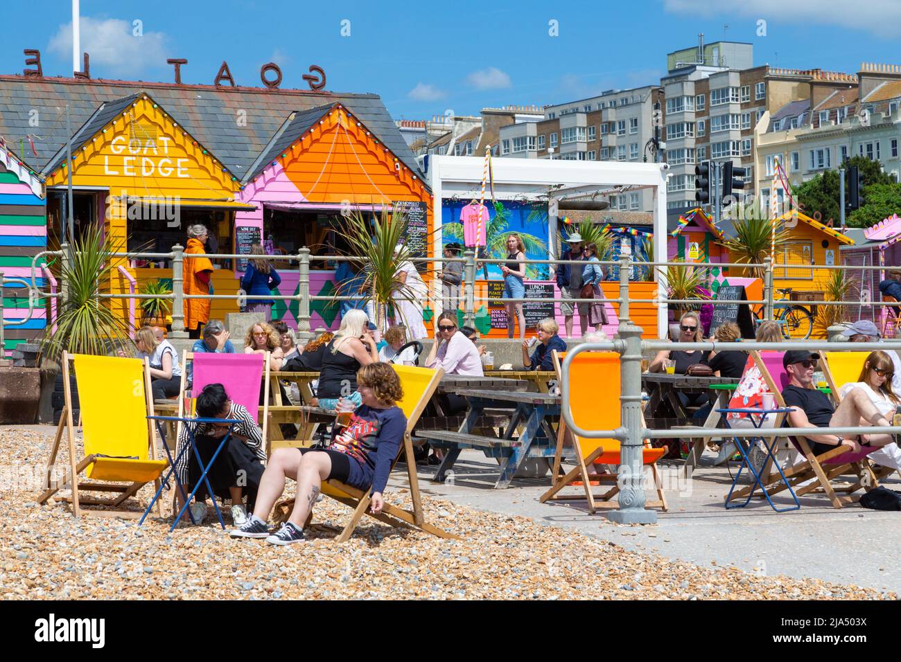 Goat Ledge, seaside cafe busy with people on a warm sunny day, st leonards, hastings, east