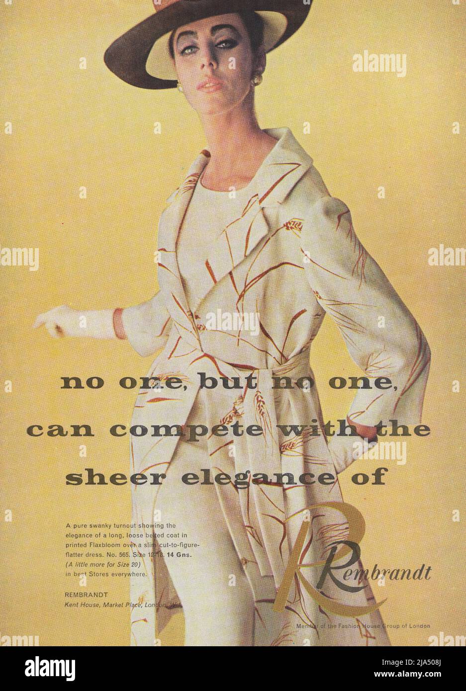 Rembrandt elegant long loose belted coat in printed Flaxbloom vintage paper advertisement advert 1960s 1970s Stock Photo