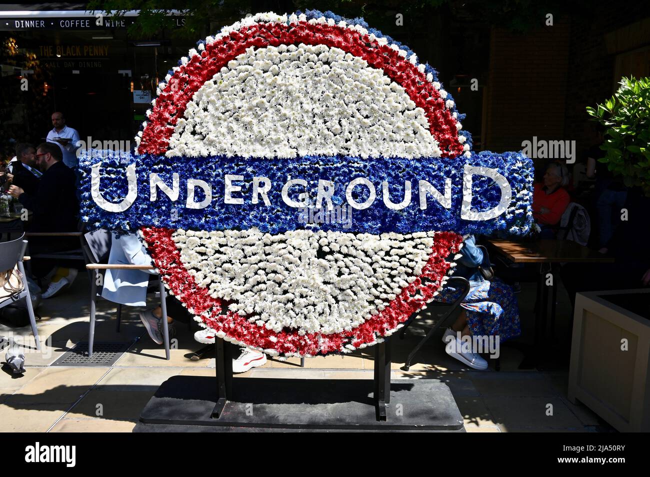 London, UK. 27th May 2022. Floral Underground Sign. Chelsea in Bloom, Chelsea's prestigous annual floral art show and London's largest free to attend festival of flowers. From 23-28th of May. The theme for 2022 was British Icons. Credit: michael melia/Alamy Live News Stock Photo