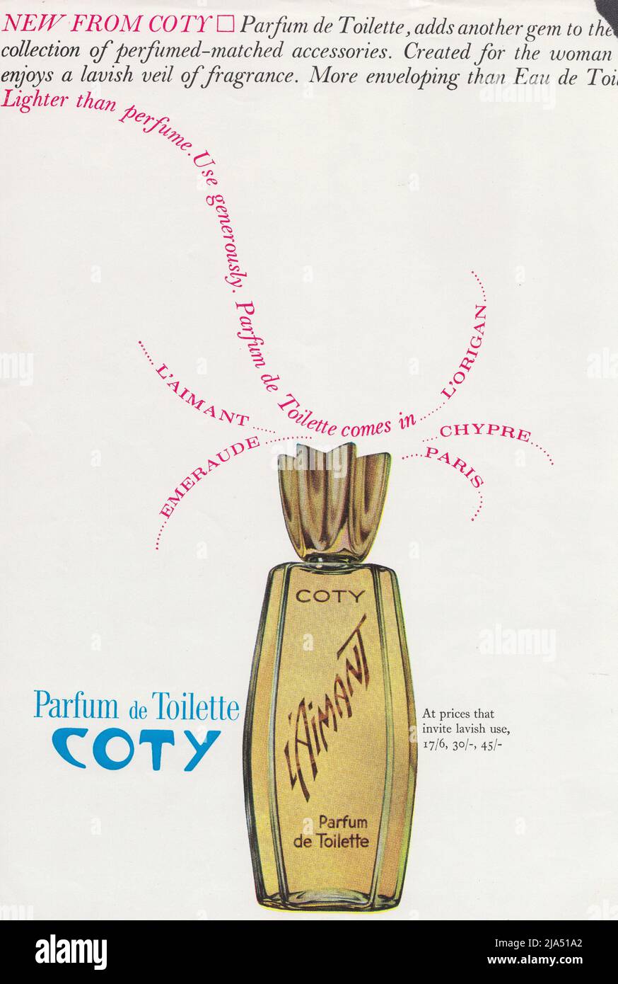 Coty L'or perfume bottle parfum flask vintage paper advertisement advert 1960s 1970s Stock Photo