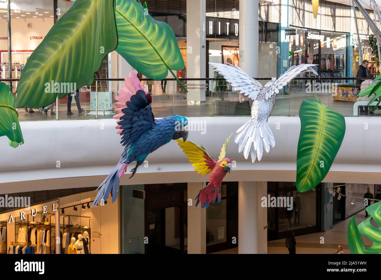 SAINT PETERSBURG, RUSSIA - MAY 21, 2022: mock-ups of flying parrots Stock Photo