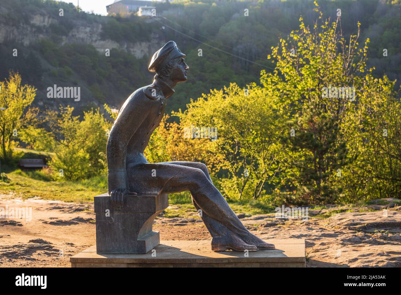 Kislovodsk, Russia - May 13, 2022: Monument to Mikhail Lermontov at the viewpoint Red Sun (Krasnoye Solnyshko) in Kislovodsk National Park Stock Photo