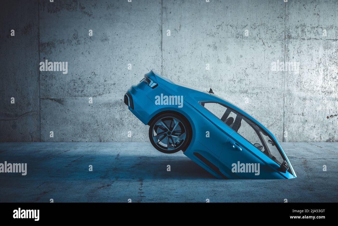 sports car that sinks into the concrete floor. 3d render Stock Photo