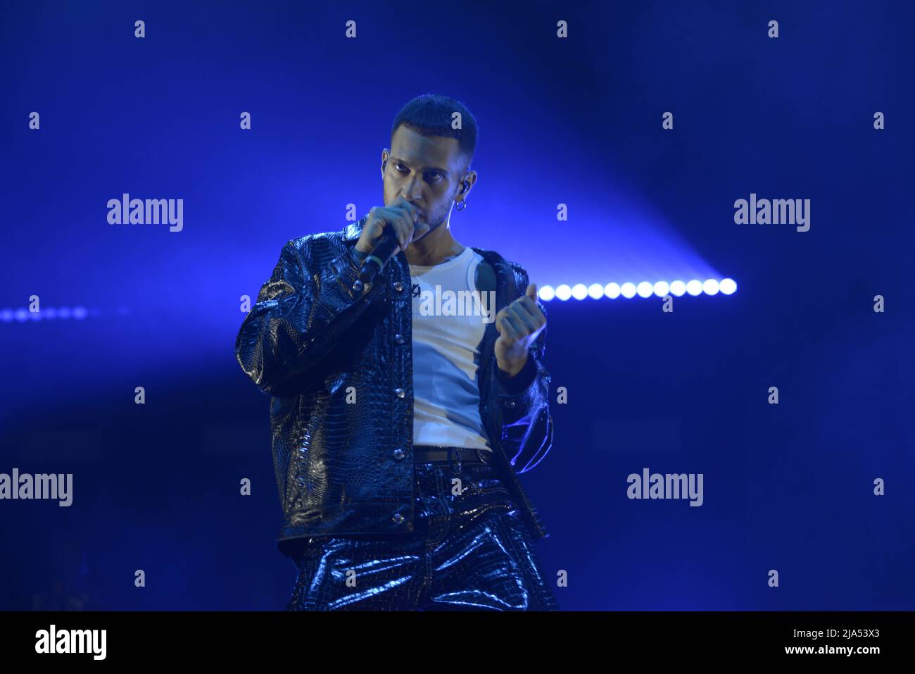 May 25, 2022, Padua, Italy: Alessandro Mahmoud, known professionally as Mahmood, is an Italian singer-songwriter. He rose to prominence after competing on the sixth season of the Italian version of The X Factor. He has won the Sanremo Music Festival twice, in 2019 with the song ''Soldi'' and in 2022 alongside Blanco with the song ''Brividi''. His Sanremo victories allowed him to represent Italy at the Eurovision Song Contest in those respective years, finishing in second place in 2019 and in sixth place in 2022 as the host entrant.[1][2][3]..Mahmood has released two studio albums, GioventÃ¹ br Stock Photo