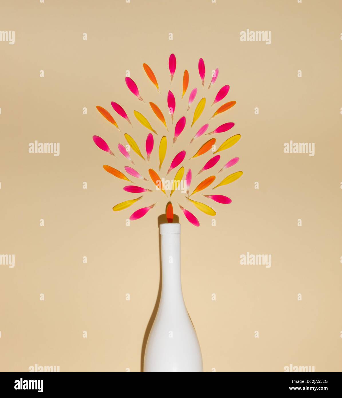 White champagne bottle and  flower petals. Minimal elegant background. Stock Photo