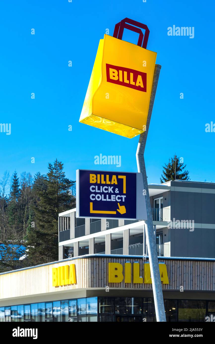 Austria 2022: Billa supermarket. Billa is an Austrian supermarket chain that operates in Central, Eastern and Southeastern Europe. Stock Photo